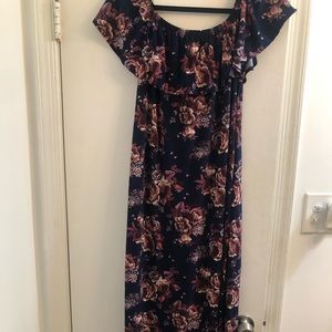 Navy & Pink Floral Off-the-Shoulders Maxi Dress L